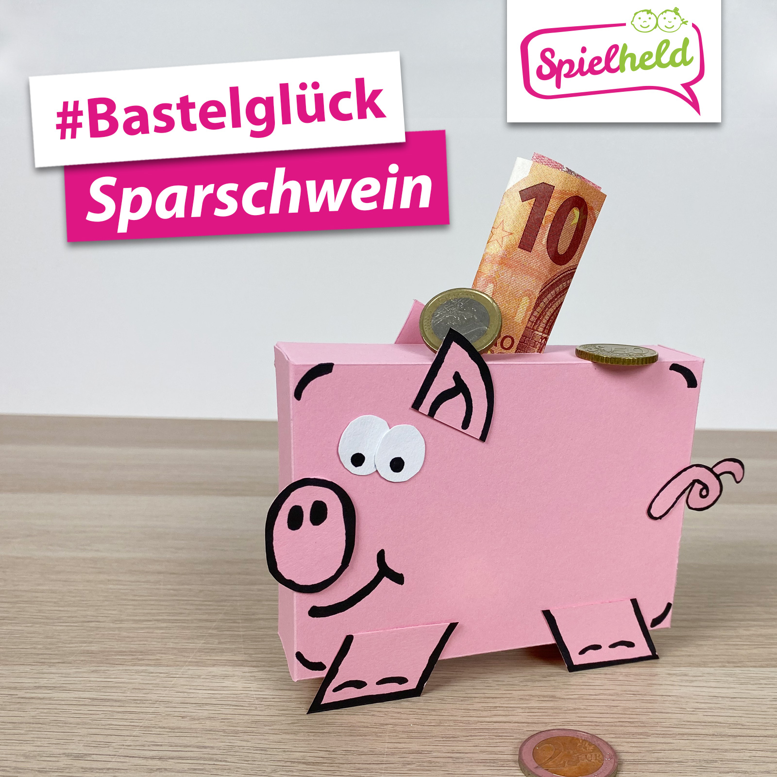 Bastelidee Sparschwein: Bastelvorlage zum Herunterladen für Glücksschwein-Spardose