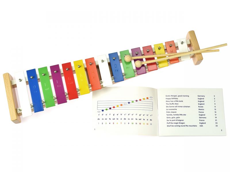 GOKI Xylophon mit 15 Tönen aus Holz und Metall 2 Holzklöppel Musik Instrument 