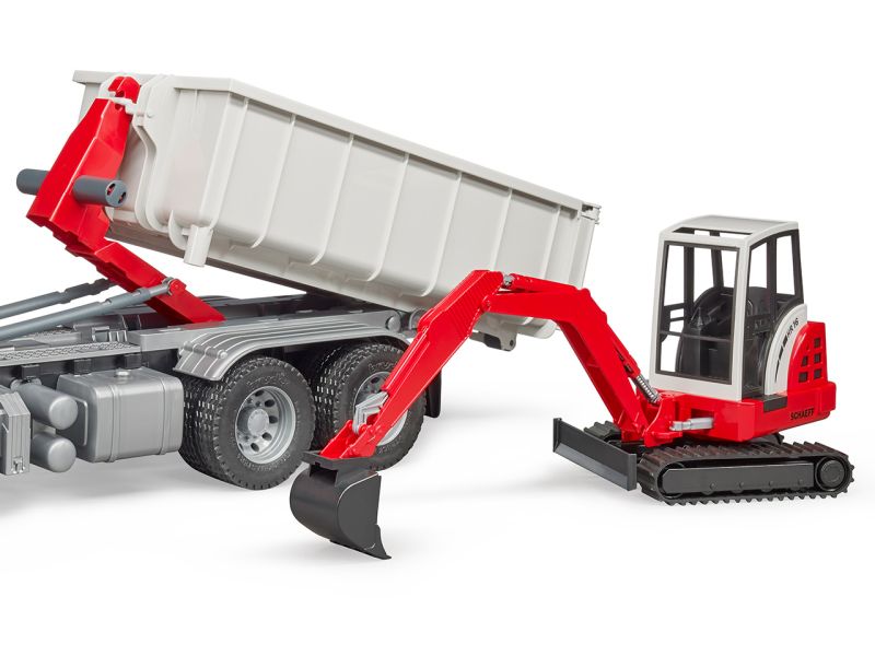 Bruder 03624 MB Arocs LKW Abrollcontainer Schaeff Minibagger Lastwagen Spielzeug 