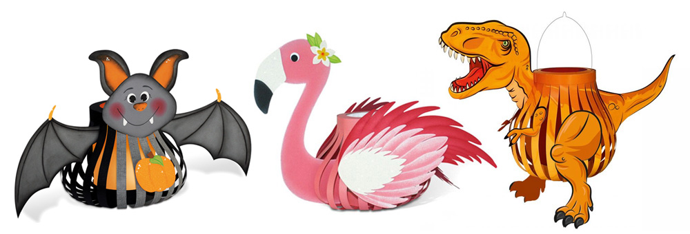 3D-Streifen-Laternen: Flamingo, Eule, Tarantel