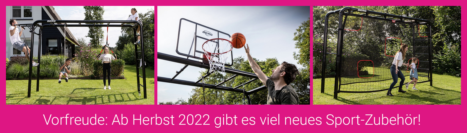 Zubehör-Neuheiten im Herbst 2022: Der Fokus liegt auf Sport und Fitness mit einer Torwand, Fitnessbändern, einem Basketballkorb und einer Klimmzugstange.