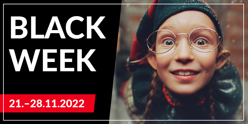 Black Week vom 21. bis 28.11.2022. Neugieriges Mädchen schaut dich mit großen Augen an.