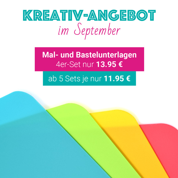 Kreativ-Angebot im September: 4er-Set Mal- und Bastelunterlagen für nur 13.95 € und beim Kauf von 5 Sts nur 11.95 €.