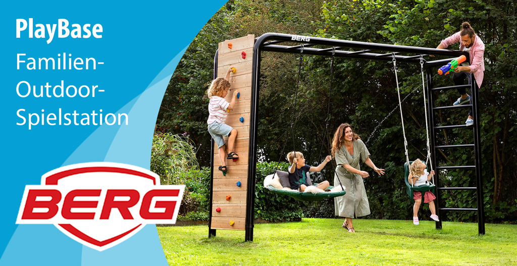 BERG PlayBase: Nicht nur ein Klettergerüst, sondern eine multifunktionale Spielstation für den Garten mit Kletterwand an der Seite Schaukeln und anderen Sport- und Spaßfunktionen für die ganze Familie.